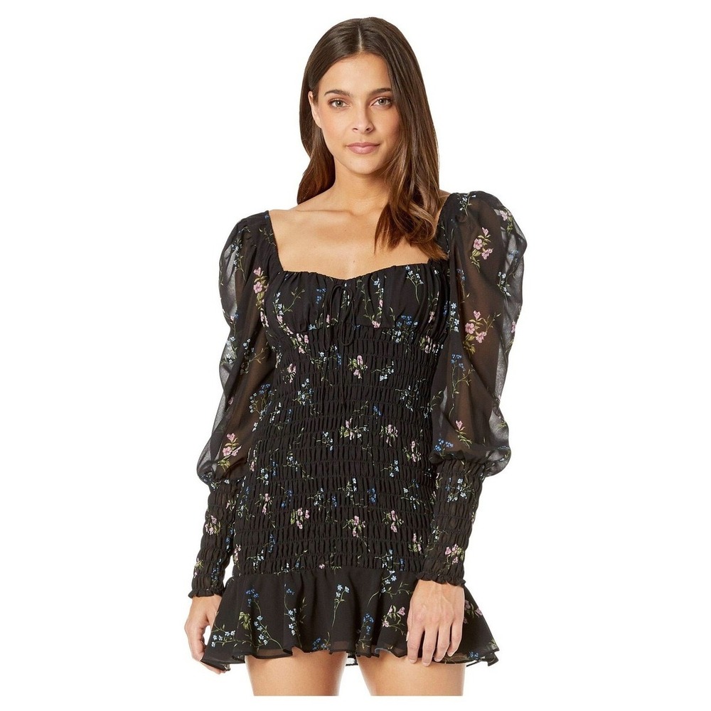 For Love & Lemons Black Floral Smocked Mini Dress Puff Sleeve Square Neck Small